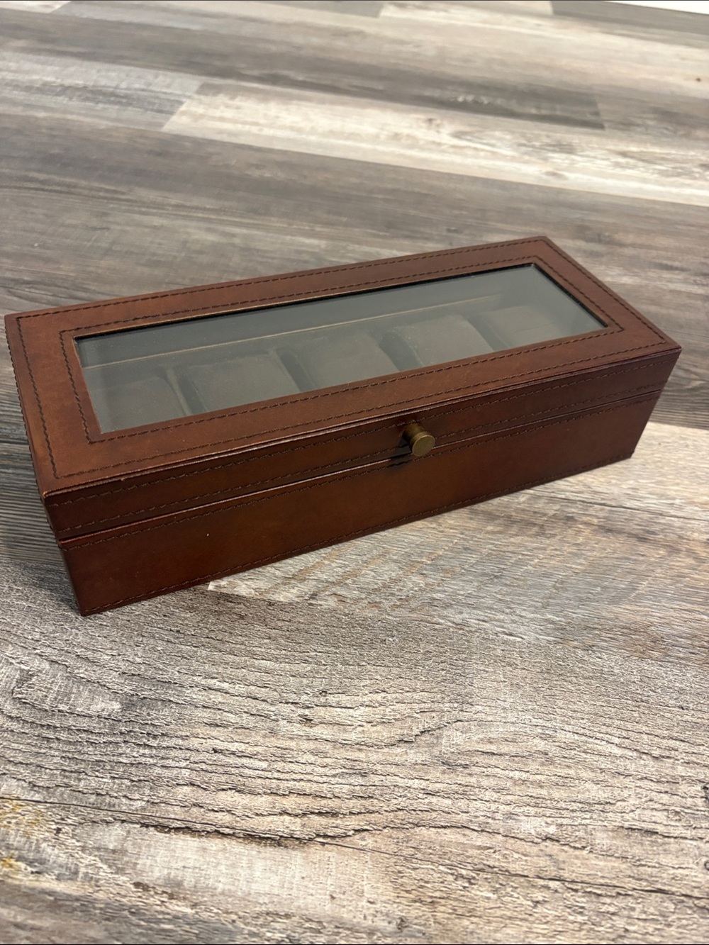 Pottery Barn Brown Leather Watch Organizer with Glass Lid